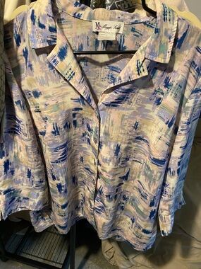 Vintage Women's Pastel Abstract Button-Up Top - Blue & Lavender Medium